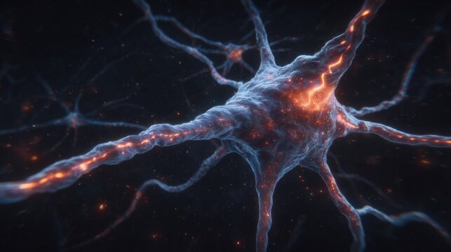 This visual showcases a detailed view of a neuron with its branching axons and dendrites illuminated by glowing signals.