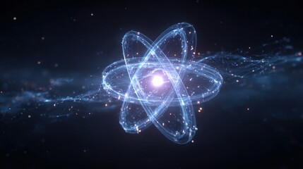 A glowing atom surrounded by energy threads in a dark background. The radiant design conveys the concept of atomic structure and energy movement.