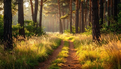 Fototapeta premium Sun Dappled Forest Path Bathed in Golden Hour Light with Tall Pine Trees and Wild Grasses on a Summer Afternoon