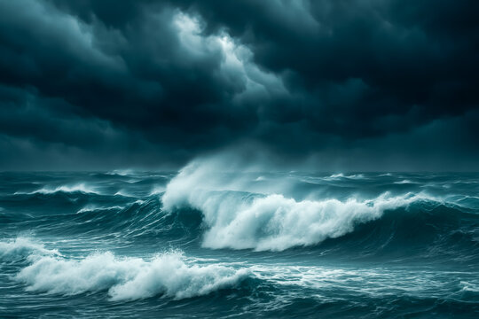 Turbulent ocean waves crashing under dark stormy sky