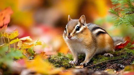Adorable chipmunk sitting among colorful autumn leaves in forest, creating a warm seasonal wildlife scene with vibrant fall colors.