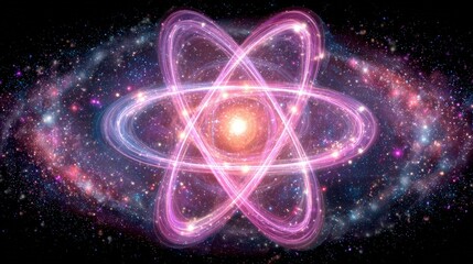 Swirling colors and luminous light depict an artistic interpretation of atomic structure set against a cosmic background. This vibrant scene captures the beauty of science and the universe.