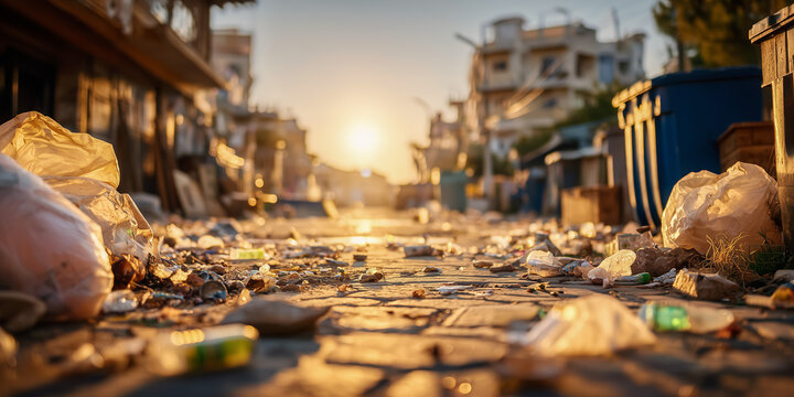 Urban alleyway cluttered with trash at sunset glow - Powered by Adobe