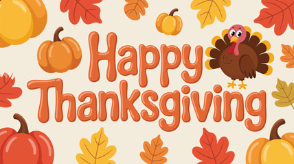 Cute cartoon turkey and pumpkins decorate happy thanksgiving greeting card with autumn leaves