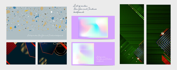 random set of New Year's and Christmas backgrounds for social media, prints, graphic arts, and design. The collection includes foil, luxury navy blue, and gold