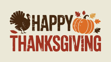 Happy thanksgiving text with turkey and pumpkin illustration and fall leaves