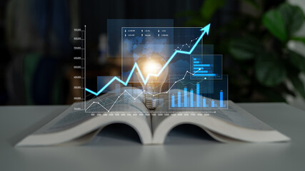 An open book with a glowing light bulb and various data visualizations symbolizes the intersection...