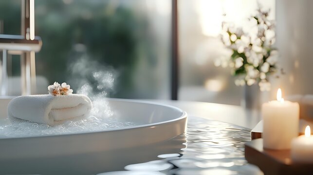Luxurious spa bathtub with steaming water, folded towel, and aromatic flowers, surrounded by glowing candles creating a serene wellness atmosphere.