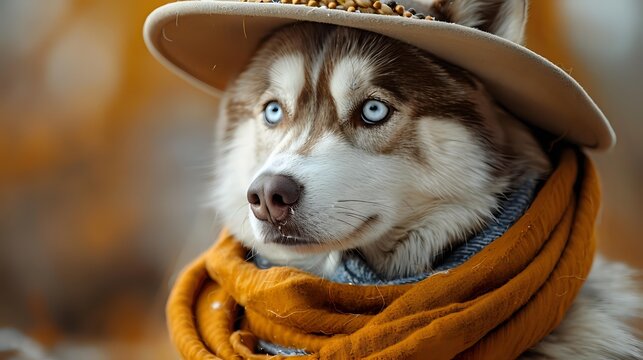 Siberian husky dog with blue eyes wearing straw hat and orange scarf against autumn background, pet fashion portrait. - Powered by Adobe