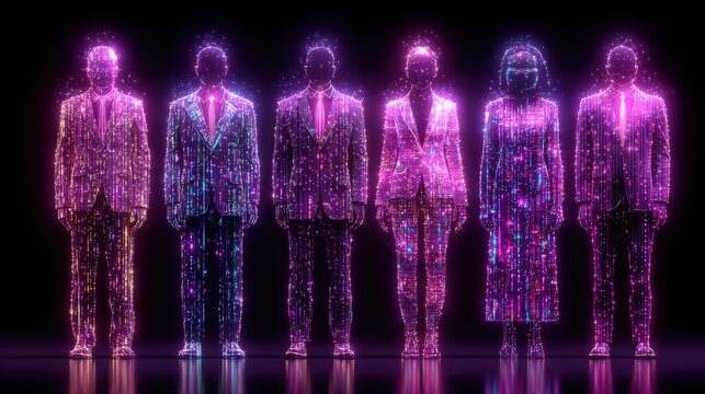 Six digital figures stand in a row, each wearing formal attire with vibrant, glowing patterns. The background is dark, enhancing the sparkling effect, suggesting themes of technology and unity.