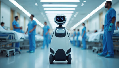 Robot assistant moves down hospital corridor. Nurses and doctors care for patients in beds. Medical staff work busy shift. Future tech aids health care services. Modern medicine innovation.