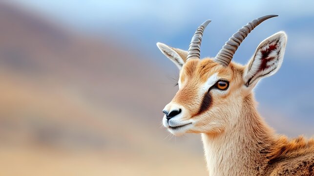 Portrait of young gazelle with curved horns against blurred savanna landscape, showcasing wildlife in natural habitat.