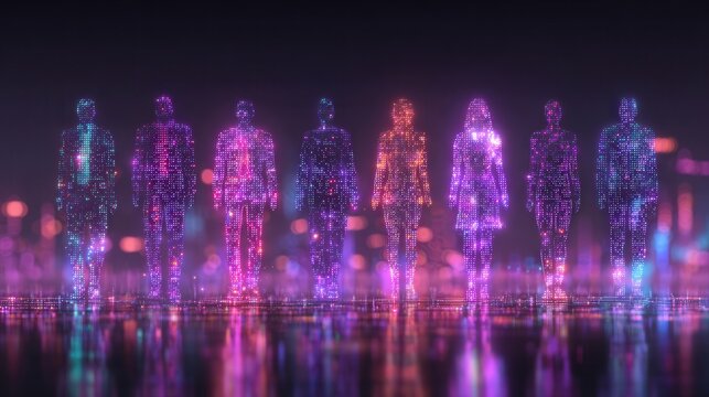A group of eight glowing, digital figures stands in a blurred cityscape during the night. The figures emit vibrant colors, creating a futuristic impression amidst reflective surfaces and soft lights.