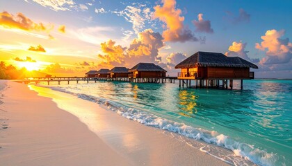 Thatched Roof Bungalows on Stilts Over Crystal Blue Ocean Water with a Pier Leading to the Sea at Golden Hour Sunset with Dramatic Clouds and Gentle Waves on a Sandy Beach
