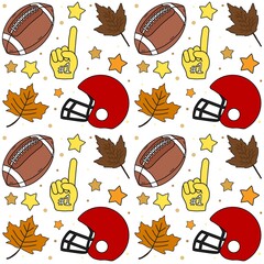 Autumn Football Game Day Celebration Elements seamless pattern white background