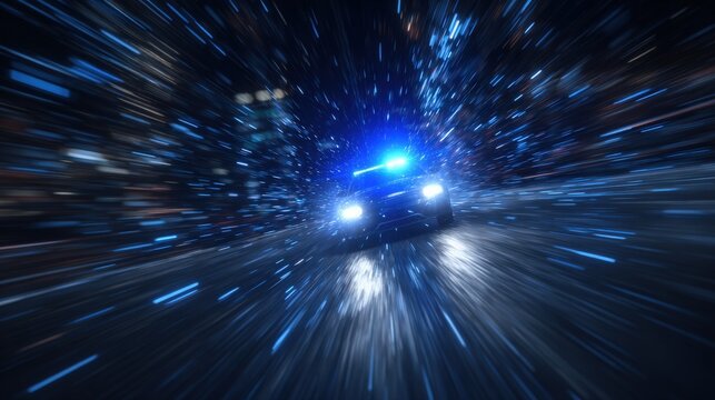 A police car moves rapidly through a city street at night, with blue lights flashing. The surrounding environment blurs, creating a sense of motion and urgency in the scene.