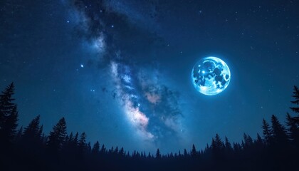 Night scene with full moon and starry sky. Forest silhouettes under the moonlight. Milky Way galaxy and lunar glow create serene cosmos landscape for astrology lovers.