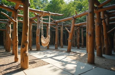 Macrame swing hangs from wooden structure in nature park. Empty relaxation spot made of natural tree logs and branches. Outdoor seating area with shade and sunlight patterns.