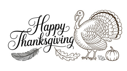 Happy thanksgiving decorative text with a turkey pumpkin feathers and autumn leaves illustration