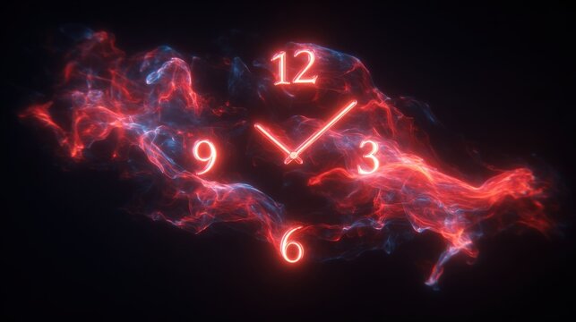 A vibrant clock design features glowing numbers and hands against a dark background. Swirling smoke in red and blue surrounds the time display, creating a dynamic and futuristic look.