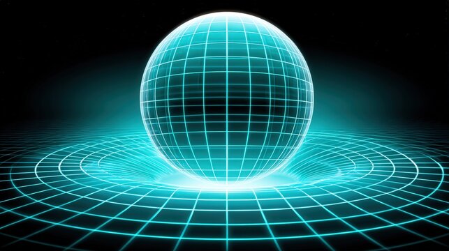 A glowing sphere with a grid pattern is centered against a dark backdrop. The sphere radiates a soft light, creating a futuristic and digital feel.
