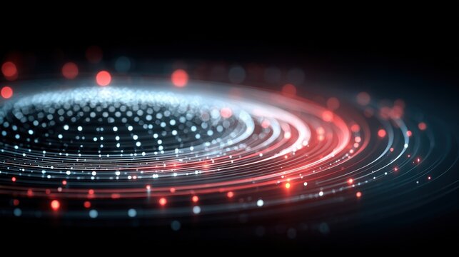 Bright swirling lights form a captivating abstract design. The scene features red and white dots creating circular patterns, set against a deep black backdrop, evoking a sense of motion and depth.