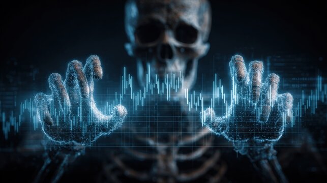 A skeleton figure extends its hands toward a glowing digital data display with fluctuating graphs. The scene is dark, highlighting the contrast between the skeleton and the vibrant visuals.