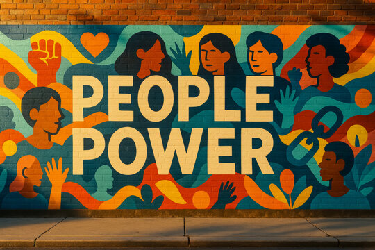 Colorful mural showcasing people power in vibrant street art