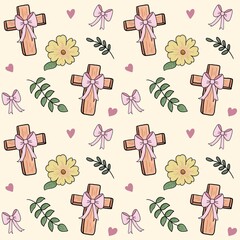 Pastel Easter Celebration with Crosses Bows and Blooms seamless pattern