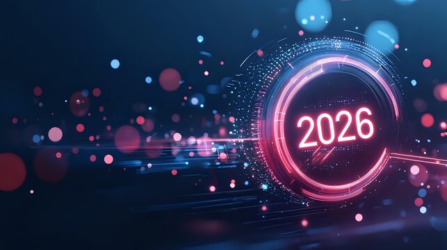 Futuristic digital display showing glowing neon number 2026 with colorful bokeh lights and particle effects on dark blue background.