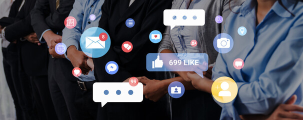 Multiple social media icons, likes, messages, and notifications representing online interaction, engagement, and digital communication Parse