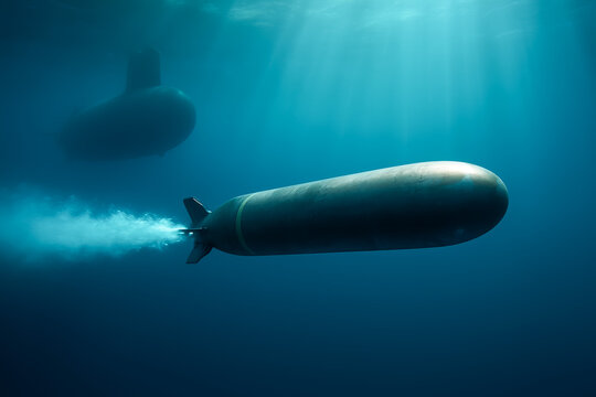 Underwater view of submarine and torpedo in deep ocean
