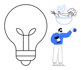 Giant light bulb next to a man holding a coin and notepad, healthy bowl of vegetables and fruits nearby. Ideal for sustainability, eco-living, fresh ideas, nutrition, creativity, innovation, simple