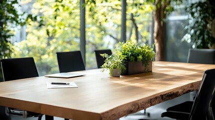 Modern wooden conference table with live edge in bright office space with potted plants and large windows overlooking greenery.