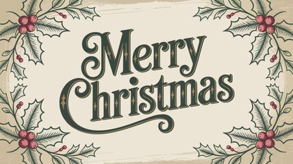 Vintage merry christmas greeting card with festive holly branches and berries on a textured background
