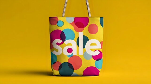 Colorful shopping bag with sale text on bright yellow background, featuring vibrant pink, blue, and teal polka dot pattern for retail promotion. - Powered by Adobe