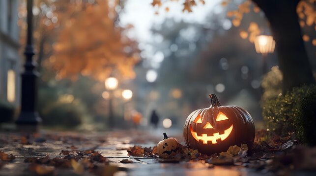 Glowing jack-o'-lantern on autumn park path with fallen leaves and soft bokeh lights creating spooky Halloween atmosphere.