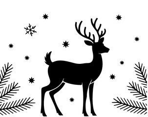 Silhouette of a majestic deer standing amidst falling snowflakes and evergreen branches, isolated on white background, evoking a serene winter scene and the magic of the holiday season 