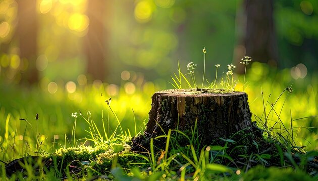 Old Tree Stump in Lush Green Forest Illuminated by Golden Sunlight Creates a Serene Nature Scene
