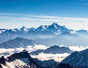 Majestic mountain landscape with snow-capped peaks, clear blue sky, scenic view.
