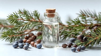 Glass bottle with essential oil surrounded by pine branches, juniper berries, and aromatic spices on white background. Perfect for wellness and aromatherapy concepts.