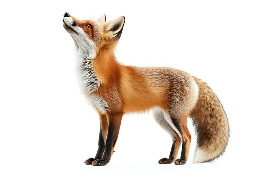 Red fox with alert posture looking upward against white background, isolated wildlife illustration for nature publications and educational materials. - Powered by Adobe