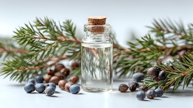 Glass bottle with essential oil surrounded by pine branches, juniper berries, and aromatic spices on white background. Perfect for wellness and aromatherapy concepts.