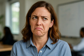 Concerned woman showing frustration in office setting