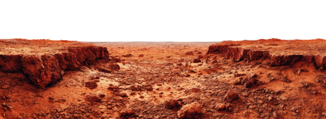 Red, rocky landscape with dark sky above a break