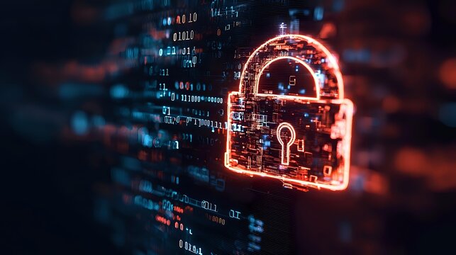 Glowing red digital padlock against dark background with binary code, symbolizing cybersecurity and data protection in digital environment.