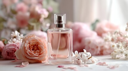Elegant perfume bottle with rose gold fragrance surrounded by delicate pink roses and white flowers on soft pastel background.