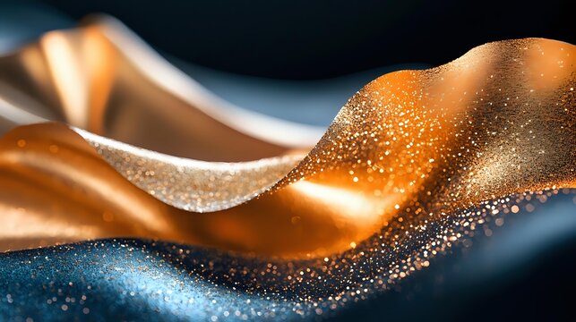 Elegant flowing copper fabric with sparkling glitter particles against dark background, creating luxurious textile waves for fashion design.