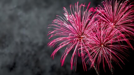 Vibrant pink fireworks exploding against dark night sky, creating festive celebration atmosphere for holiday events and commemorations.