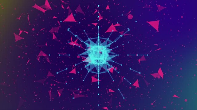 Seamless rotating 3D geometric core with particles, dots and polygons on a colorful gradient technology background - Powered by Adobe